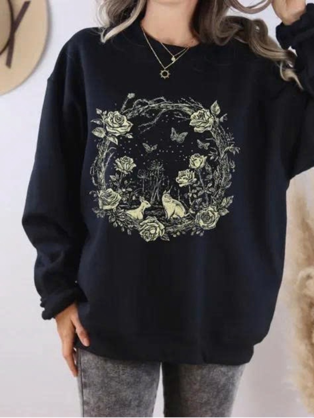 Black Floral & Fox Graphic Sweatshirt - Women's Black Pullover